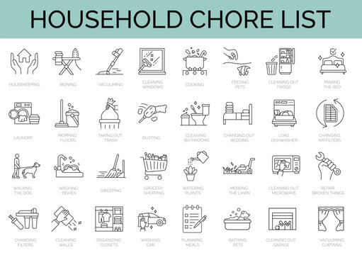Set of 32 icons ralated to household chore list. Housework, housekeeping. Editable stroke icons collection. Vector illustration