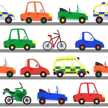Vector seamless pattern with different vehicles. Bright flat cars and bikes in repeated print