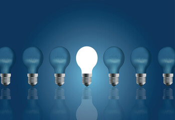 vector with light bulbs standing in a row. illustration with one glowing light bulb among dimmed light bulbs