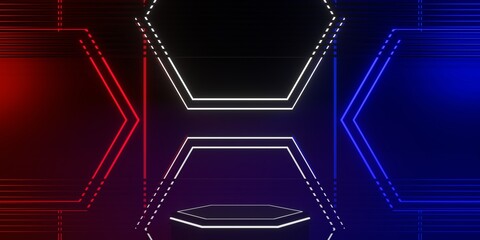 gaming background abstract wallpaper, cyberpunk style scifi game, stage scene in pedestal display room, 3d illustration rendering