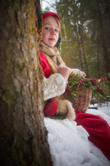 Nice cute teenager girl in old peasant clothes with hot fur coat and shawl in cold winter forest with fir trees, pines and snow on winter day. Child with basket full of green branches and red berries