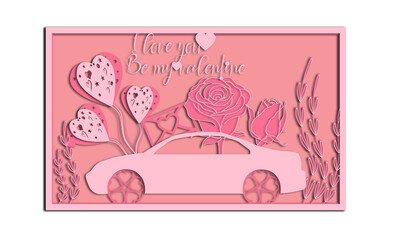 valentine car with flower envelope balloon and pink 
 3 layer love car.