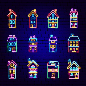 Neon Winter Houses Set. Vector Illustration of Seasonal Greetings. Holiday Celebration. Building and Architecture.