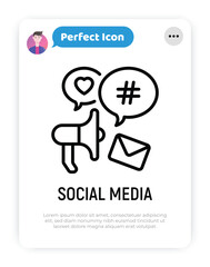 Social media marketing thin line icon: megaphone with speech bubbles that contains hashtag, e-mail, heart. Digital strategy. Vector illustration.