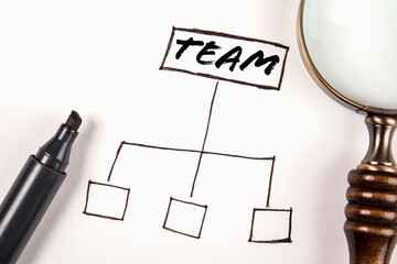 TEAM concept. Black marker and magnifying glass on a white background