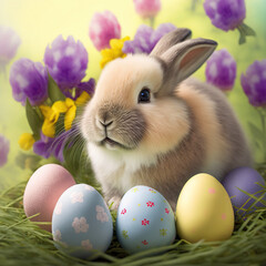 Easter bunny and easter eggs, Generative ai
