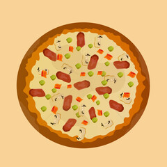Delicious Pizza Food Topped With Vegetables And Sausages
