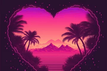 Foto op Canvas Retrofuturistic cyber landscape of arcade video game with heart panorama. Synthwave/ vaporwave/ retrowave style illustration. Generative AI © losmostachos
