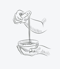 Hand drawn sketch of applying wax with wax stick. vector illustration on white background.