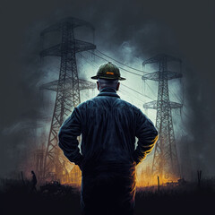 Obraz premium Back view of an engineer next to an electrical tower. Generative AI.