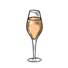 Hand drawn colorful cartoon style champagne glass engraving style vector art.