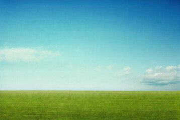 Fresh green field spring landscape with blue sky. Minimalistic empty scene. Generative AI