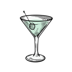 Martini cocktail engraving style hand drawn cartoon vector art illustration.