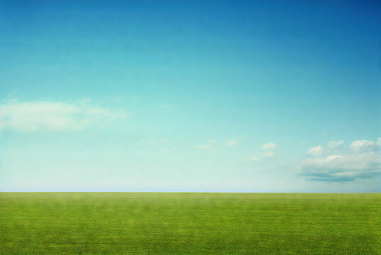 Fresh green field spring landscape with blue sky. Minimalistic empty scene. Generative AI © AngrySun