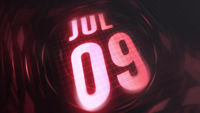 9 July in 3d motion graphic. Infrared calendar in futuristic and tech glowing neon for takes, commemoratives in led and etc. 4k in loop