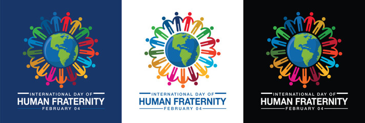 International Day of Human Fraternity. February 4. Logo design. Holiday concept. Human holding hand around the globe. sustainable development global goals. - obrazy, fototapety, plakaty