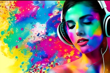 Stylized portrait of a beautiful white girl with headphones, with paint splashes. colorful paints smudges, spatter. Generative ai