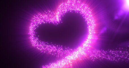 Abstract glowing festive love heart purple from lines of magic energy from particles on a dark background for Valentine's Day. Abstract background