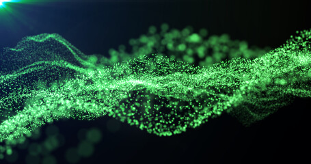 Futuristic abstract green glowing wave lines from dots and particles of shining pixels magical energy glowing neon in sunbeams. Abstract background