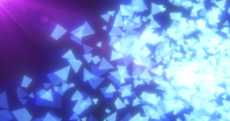 Abstract flying small blue luminous glass triangles, pyramids shiny energetic magical on a dark background. Abstract background