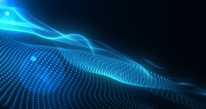 Abstract blue glowing waves from particles and dots energy magical futuristic hi-tech, abstract background