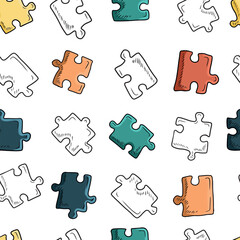 Seamless pattern with pastel jigsaw puzzle pieces on white background. Vector sketch illustration in doodle, cartoon vintage engraved style. Autism awareness day, strategy, textile, texture, games.