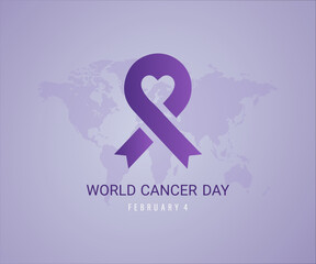 World cancer day. 4 February. holiday concept. world Cancer day banner, poster, card. world map, flat illustration. background, ribbon. Vector illustration.