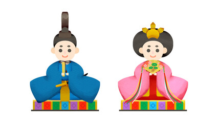 かわいい雛人形の男雛と女雛。水彩風イラスト。