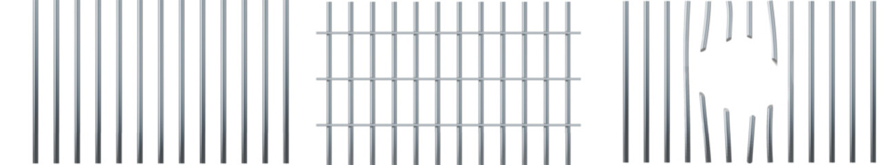 Fototapeta premium Set of realistic prison metal bars . Iron jail cage. Prison fence jail. Template design for criminal or sentence. Vector illustration