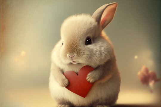 Adorable bunny holding a heart. Cute valentines bunny. Valentines day card. Love rabbit. Rabbit with a heart