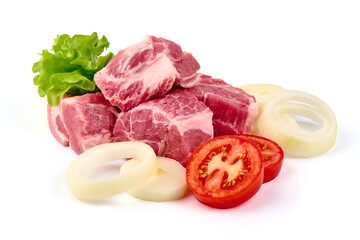 Raw pork pieces, isolated on white background. High resolution image.