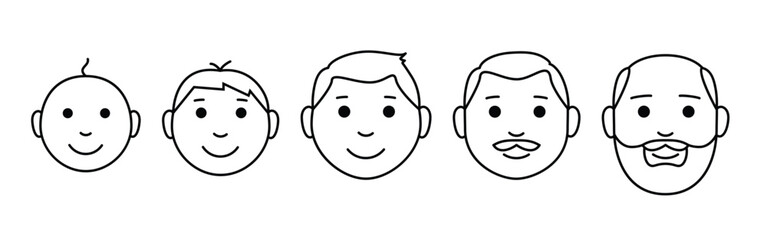 The stages of a man's growing up - infant, child, teen, adult, elderly. Collection of faces of men of different ages. Vector illustration isolated on white background