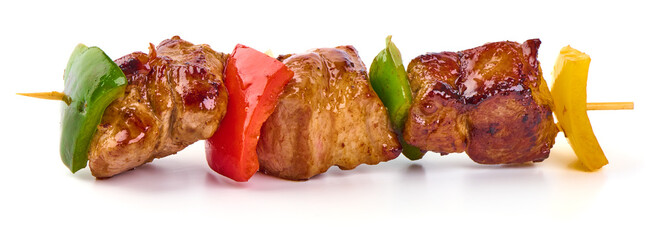 Grilled meat skewers, roasted shish kebab with onion and tomatoes, isolated on white background.