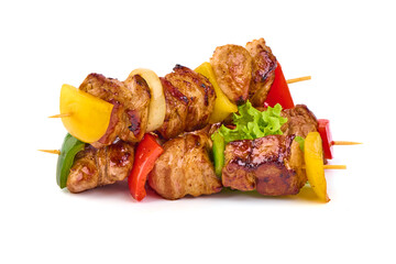 Grilled meat skewers, roasted shish kebab with onion and tomatoes, isolated on white background.