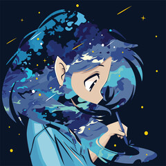 Title: Vector illustration of girl with blue cloud shaped hair 4