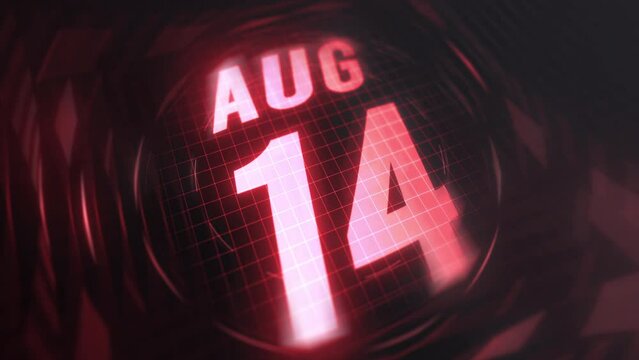 14 August in 3d motion graphic. Infrared calendar in futuristic and tech glowing neon for takes, commemoratives in led and etc. 4k in loop