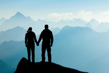 Silhouette Couple of man and woman reaching mountain top enjoying freedom and looking towards blue mountain silhouettes and sunrise. Alps, Allgaeu, Bavaria, Germany. - 567306156