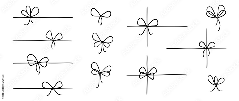 Poster bow gift ribbon line simple element set. hand drawn doodle stroke ribbon bow. elegant minimal line s