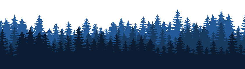 Obraz premium Forest blackforest vector illustration banner landscape panorama - Blue silhouette of spruce and fir trees, isolated on white background
