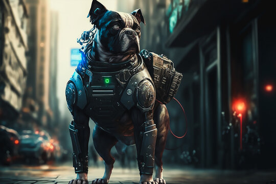 dog police robot in city, futuristic, Generative AI