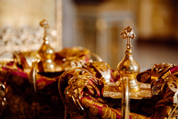 Wedding golden crowns ready for wedding ceremony  orthodox church.