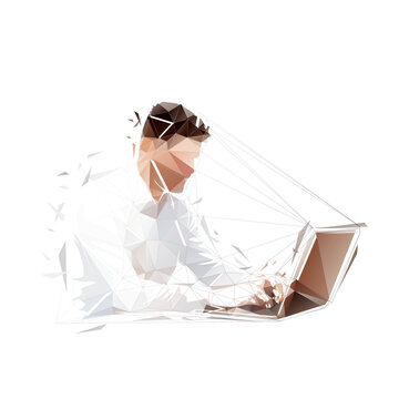 Programmer, html coder sitting at table and working on laptop, low polygonal isolated vector illustration. Businessman