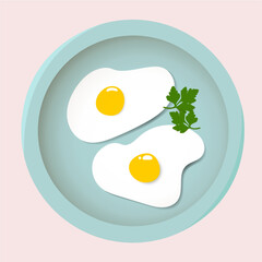 Fried scrambled eggs with greens in a blue plate for breakfast in flat style. Vector illustration in flat style.	