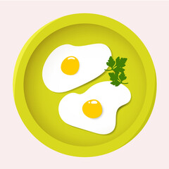 Fried scrambled eggs with greens in a yellow plate for breakfast in flat style. Vector illustration in flat style.