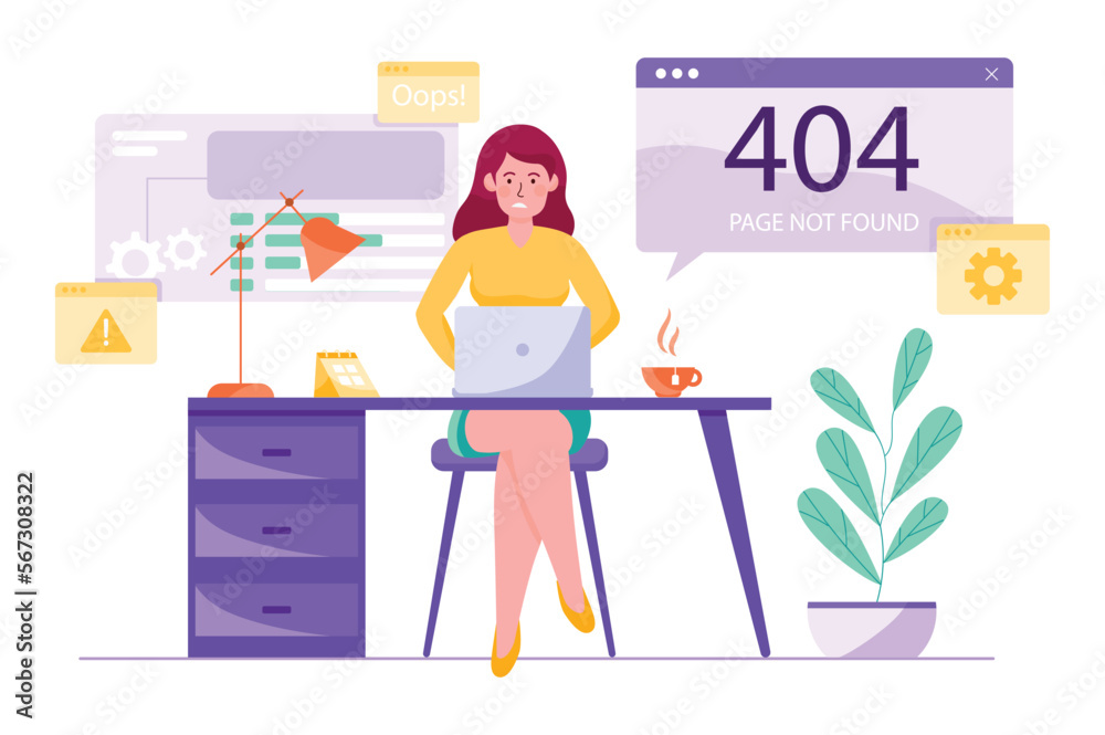 Poster 404 not found purple concept with people scene in the flat cartoon design. programmer works to fix a