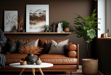 Home interior mock-up with brown leather sofa, table and decor in living room. Generative AI.