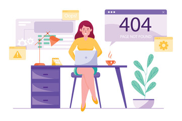 404 not found purple concept with people scene in the flat cartoon design. Programmer works to fix an error while writing a program. Vector illustration.