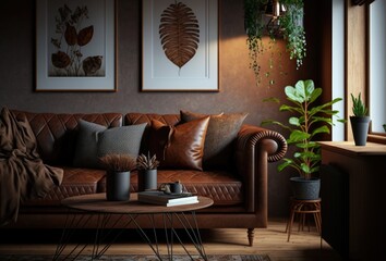 Home interior mock-up with brown leather sofa, table and decor in living room. Generative AI.