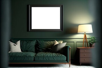 Mock-up frame in dark green home interior. Generative AI.