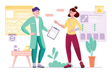 Medical purple concept with people scene in the flat cartoon style. Doctor explains to the patient which medicines need to be bought at the pharmacy. Vector illustration.
